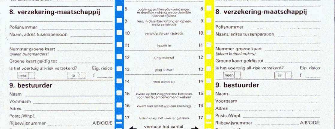 Een deel van het Europees schadeformulier met de vakken voor voertuig, verzekering, bestuurder en de situatieschets