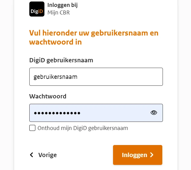The DigiD login screen for Mijn CBR with the username and password fields