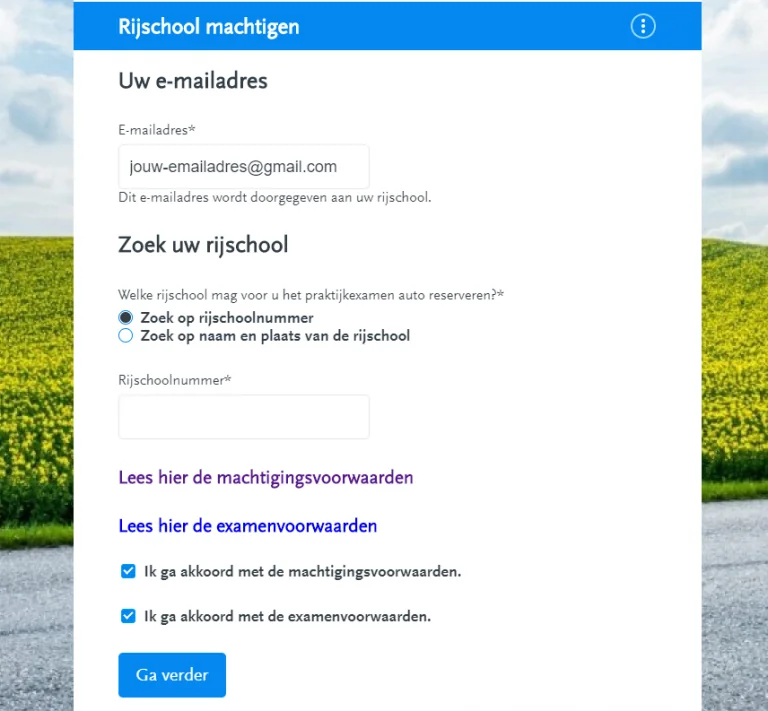The Rijschool machtigen form with a field for the email address, the driving school search and the boxes for the conditions