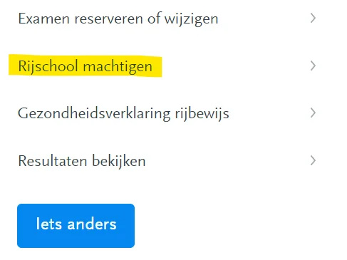 The Mijn CBR menu with the Rijschool machtigen option highlighted