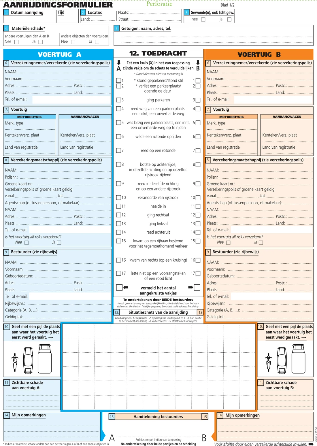 The front of the European accident statement with the numbered boxes 1 to 15
