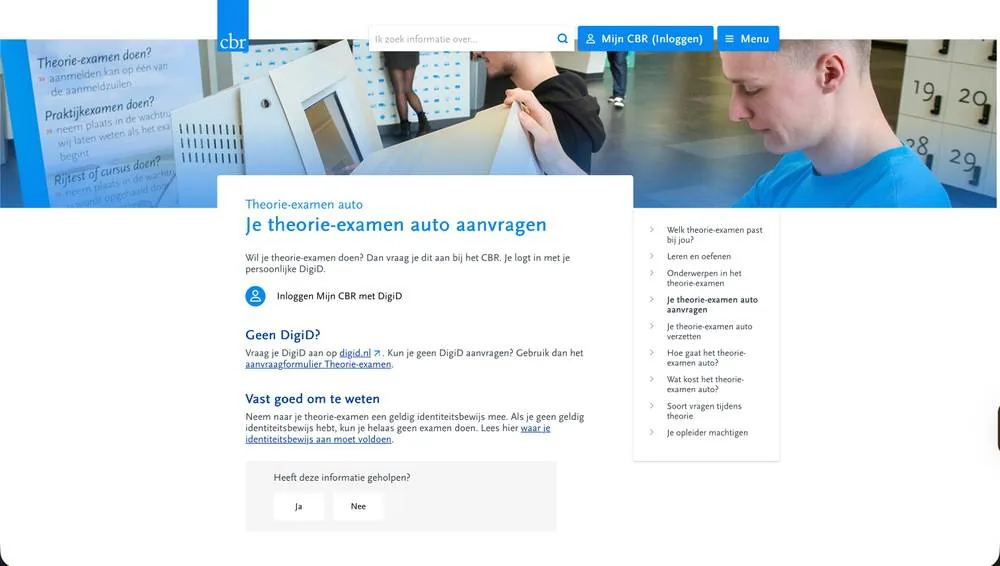 De pagina Je theorie-examen auto aanvragen op cbr.nl, met de knop Inloggen Mijn CBR met DigiD