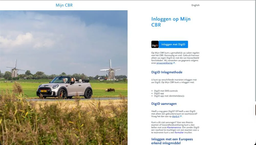 The Mijn CBR login page with the Inloggen met DigiD button