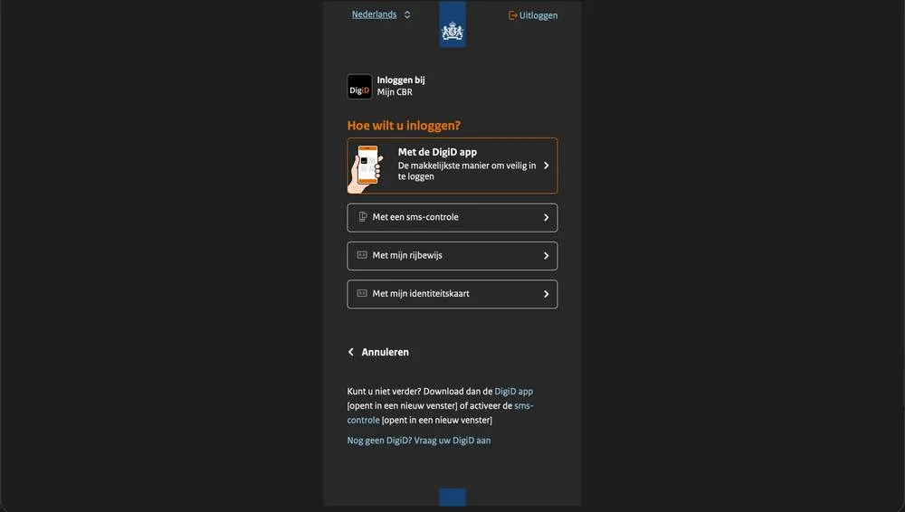 Het DigiD-scherm met de keuze tussen de DigiD-app, sms-controle, rijbewijs of identiteitskaart