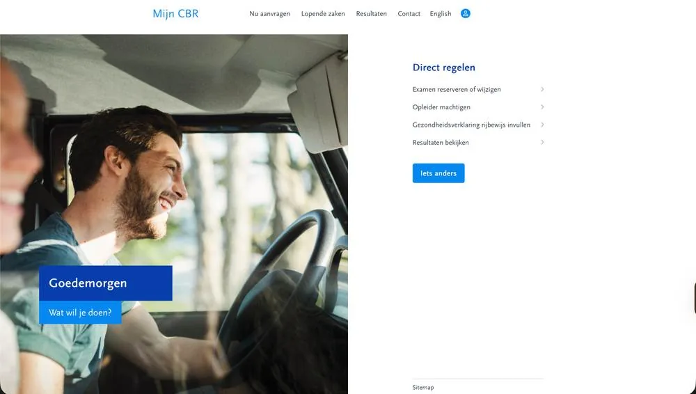 De startpagina van Mijn CBR met onder Direct regelen de link Examen reserveren of wijzigen